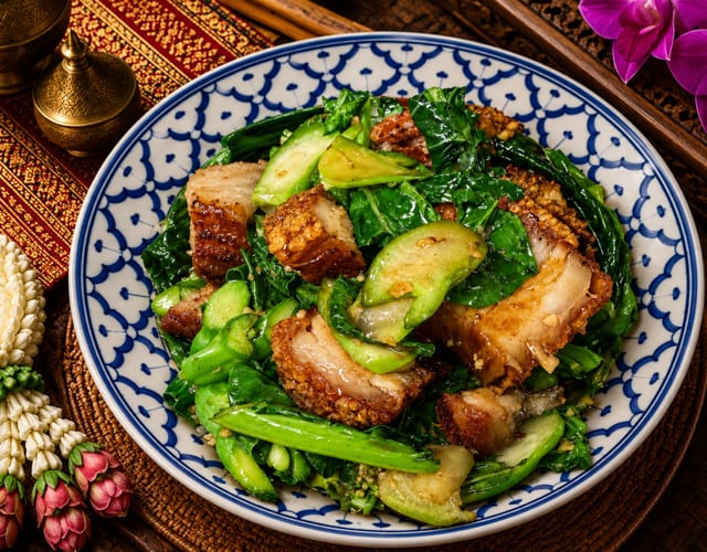 Ka-Na Moo Grob (Chinese broccoli, Pork belly).