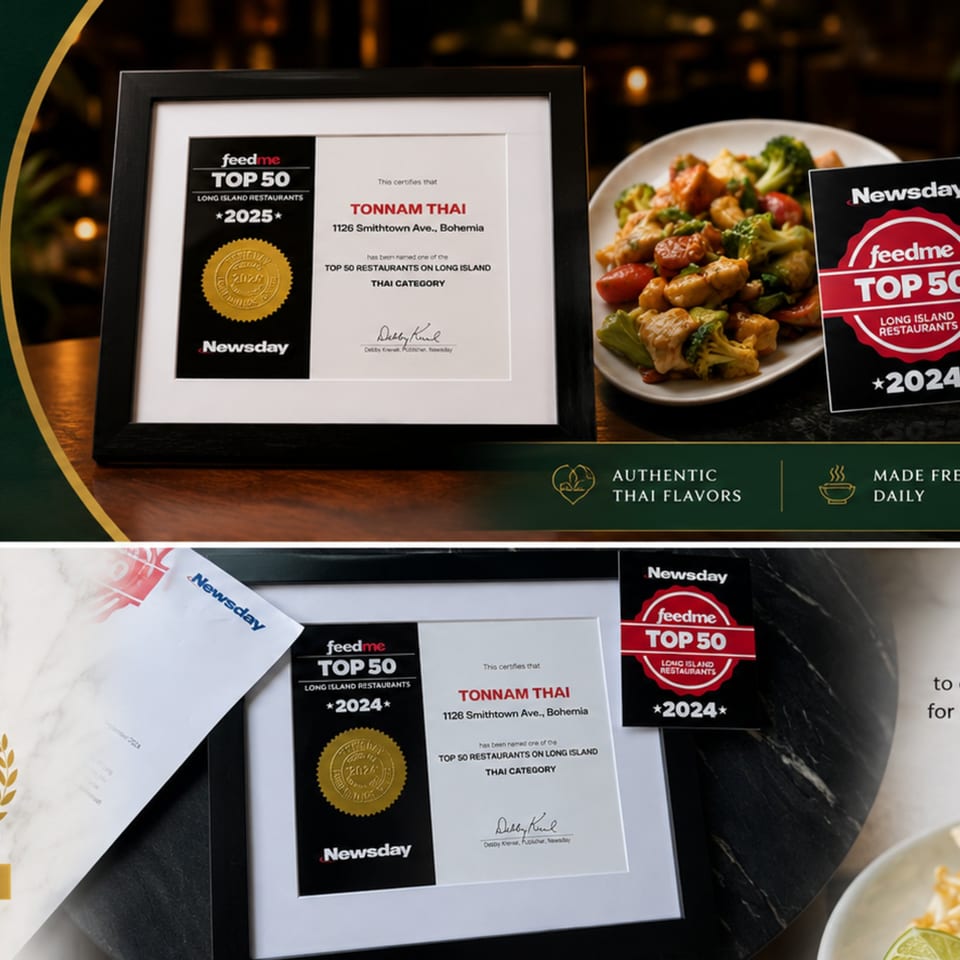 Awards for Tonnnam Thai as a top Long Island restaurant, alongside a dish of chicken and vegetables.
