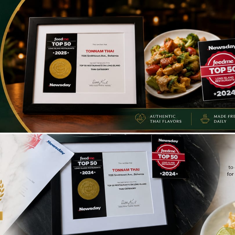 Awards for Tonnnam Thai as a top Long Island restaurant, alongside a dish of chicken and vegetables.