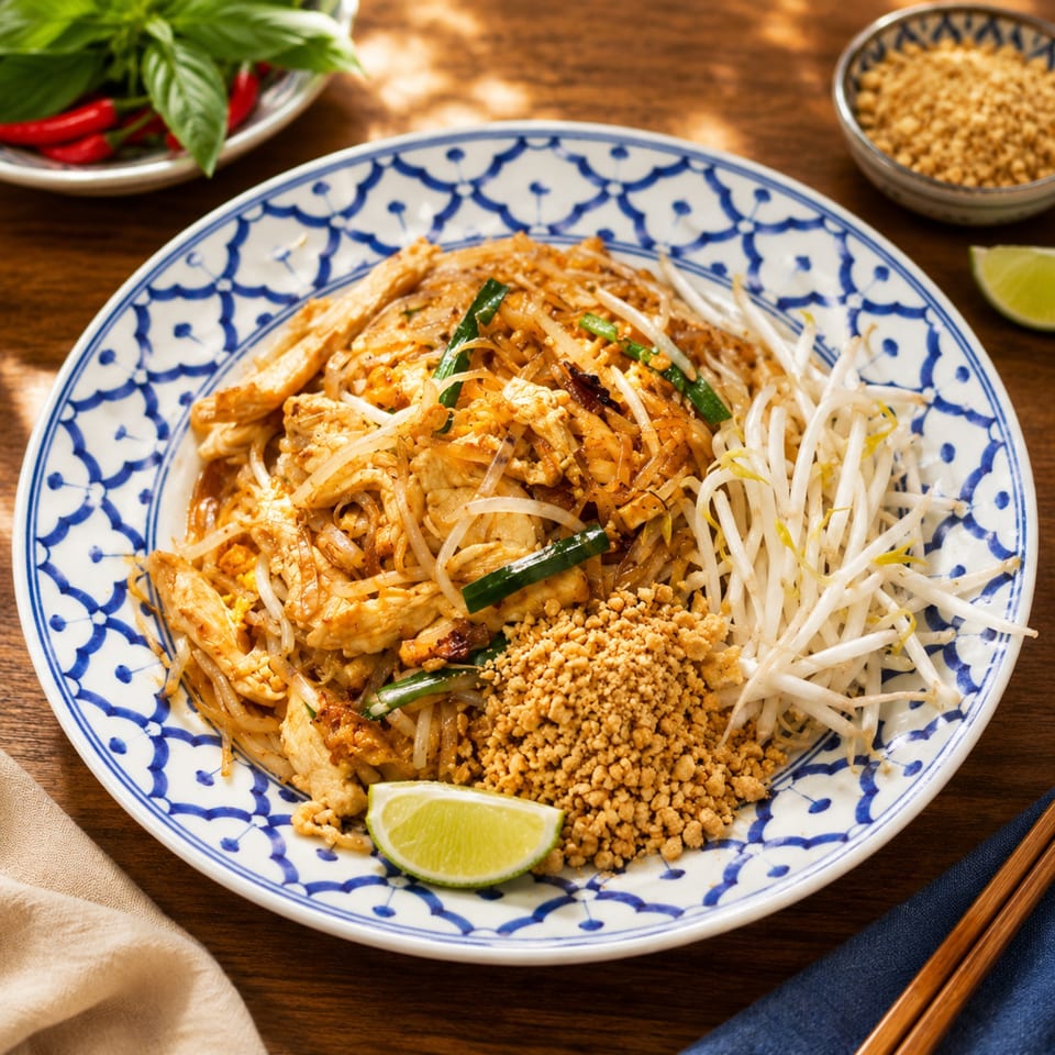 Chicken Pad Thai with bean sprouts, crushed peanuts, and lime on a patterned plate.