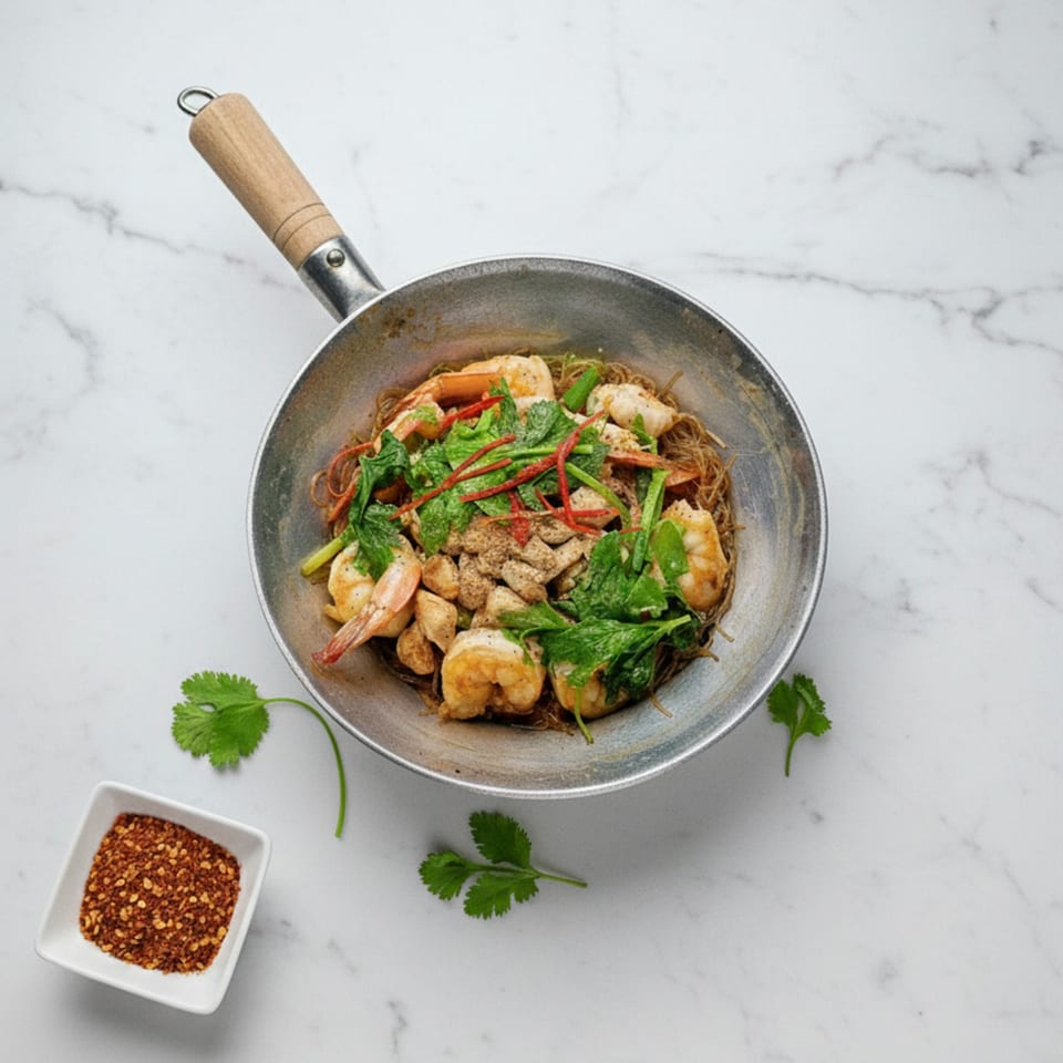 Shrimp and noodles with green herbs and red chili in a wok, with chili flakes on the side.