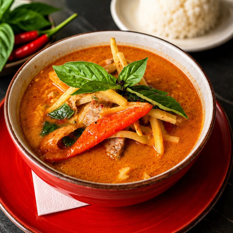 Red curry with bamboo shoots, red peppers, and basil, served with rice.