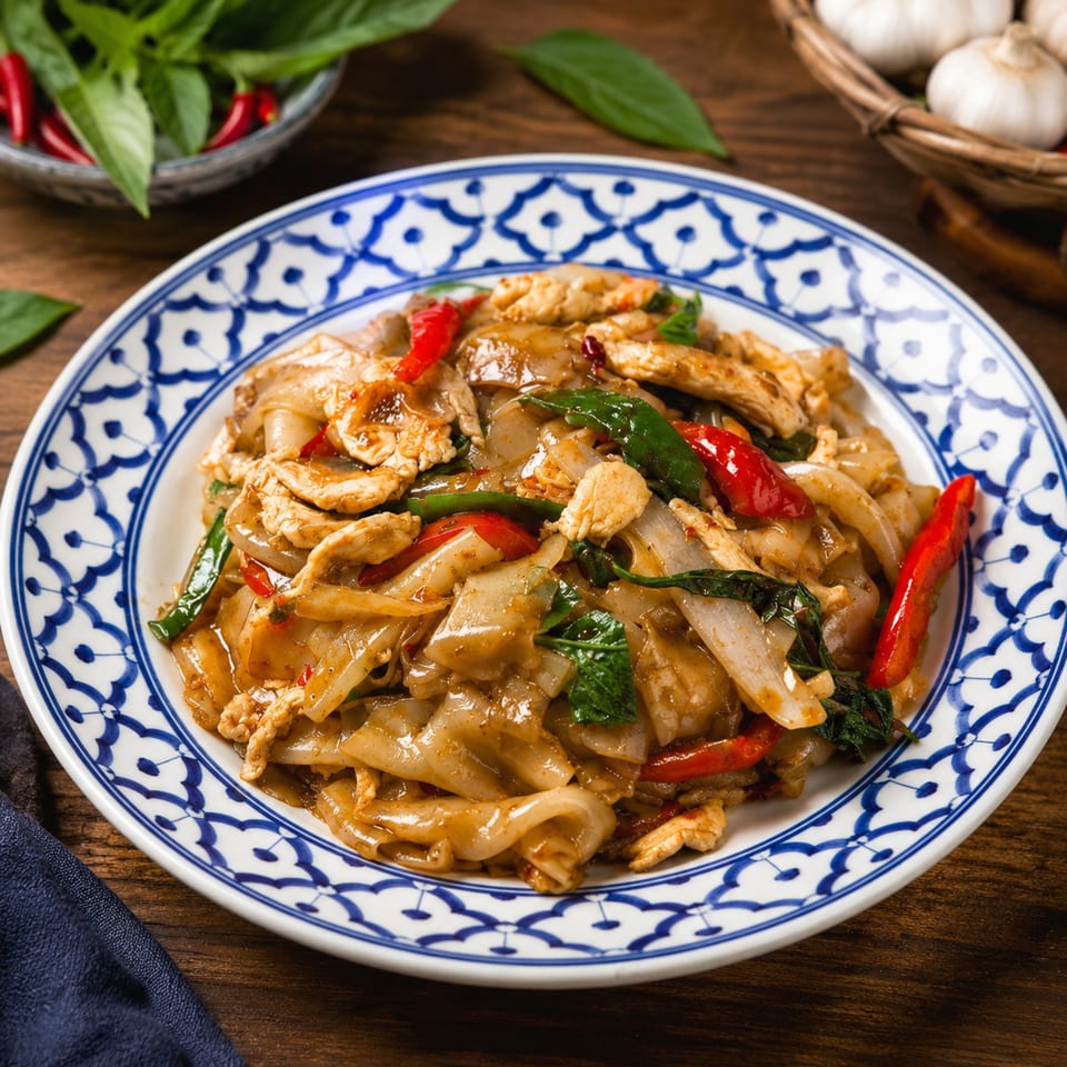 Stir-fried flat noodles with chicken, red chilies, and basil on a blue and white patterned plate.