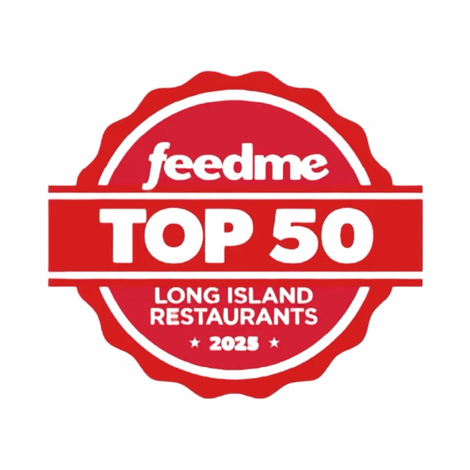 Red and white Feedme Top 50 Long Island Restaurants 2025 award badge.