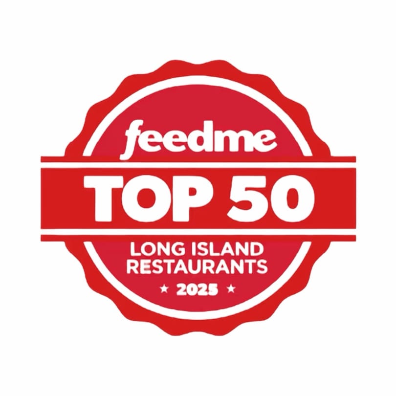 Red and white Feedme Top 50 Long Island Restaurants 2025 award badge.