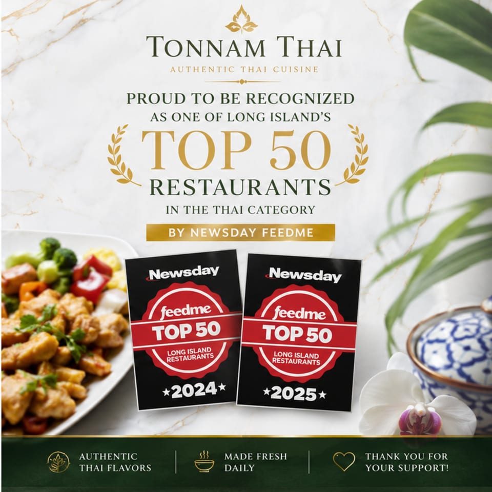 Tonnnam Thai's award graphic, showcasing "Top 50 Restaurants" recognition for 2024 and 2025.
