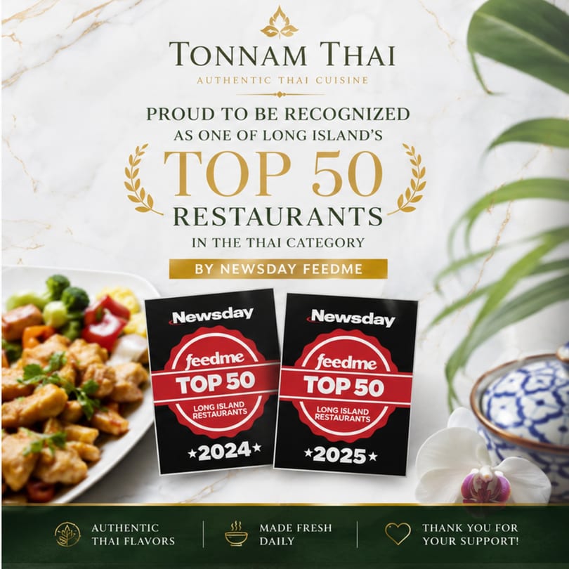 Tonnnam Thai's award graphic, showcasing "Top 50 Restaurants" recognition for 2024 and 2025.