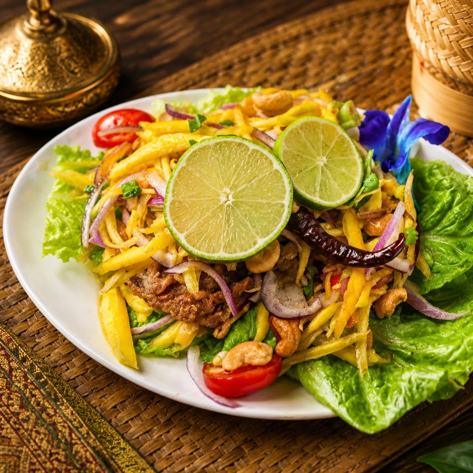 Colorful mango salad with cashews, red onions, cherry tomatoes, lime, and chili on lettuce.