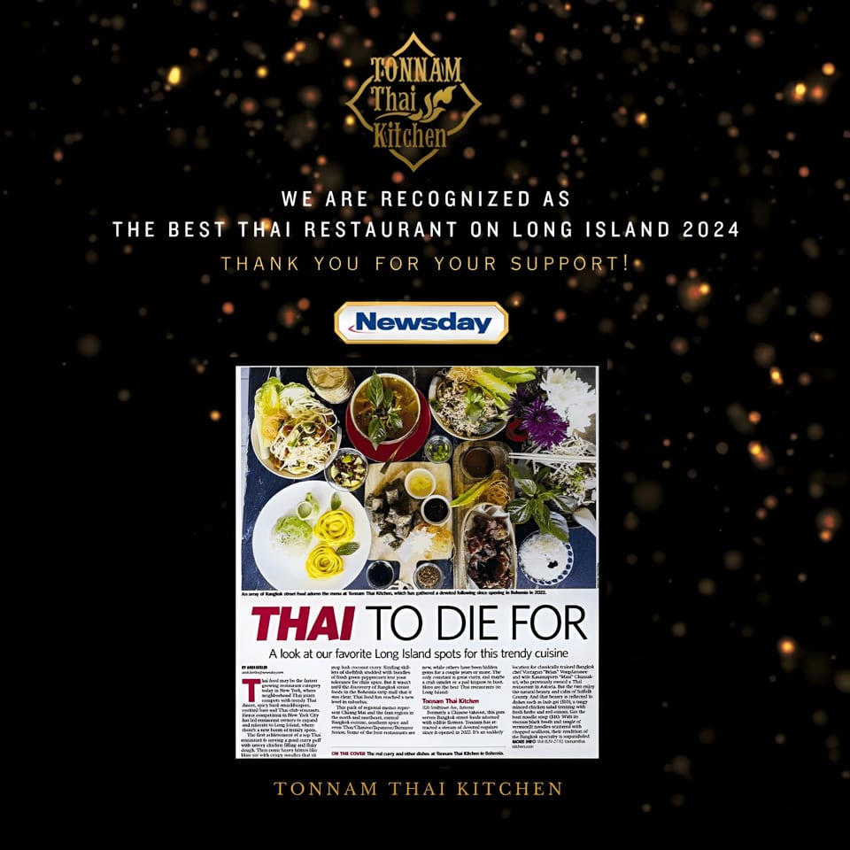 A Newsday article titled "Thai to Die For" featuring an array of Thai dishes from Tonnam Thai Kitchen.