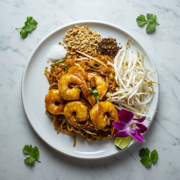 Shrimp Pad Thai with bean sprouts, peanuts, chili flakes, lime, and an orchid garnish.