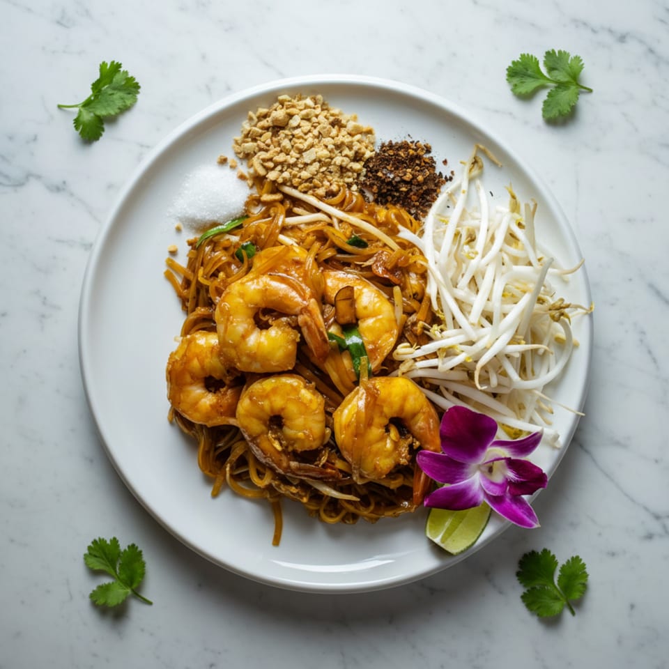 Shrimp Pad Thai with bean sprouts, peanuts, chili flakes, lime, and an orchid garnish.