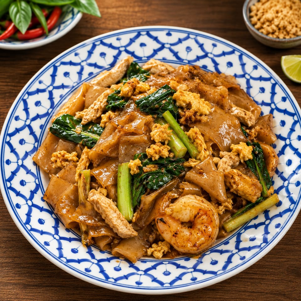Pad See Ew with wide rice noodles, shrimp, chicken, egg, and Chinese broccoli on a blue and white plate.